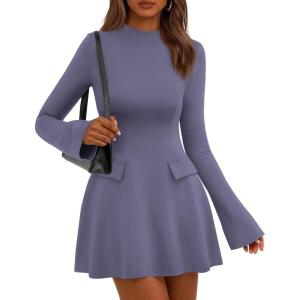 imagePRETTYGARDEN Womens Elegant Holiday Short Dress 2026 Fall Bell Long Sleeve Mock Neck Work Business Casual Party Mini DressGrey Blue