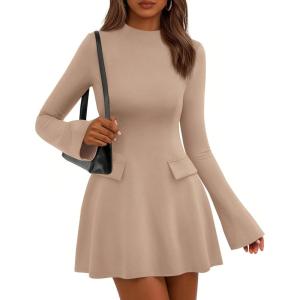 imagePRETTYGARDEN Womens Elegant Holiday Short Dress 2026 Fall Bell Long Sleeve Mock Neck Work Business Casual Party Mini DressKhaki