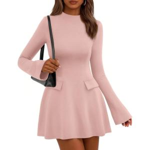 imagePRETTYGARDEN Womens Elegant Holiday Short Dress 2026 Fall Bell Long Sleeve Mock Neck Work Business Casual Party Mini DressLight Pink
