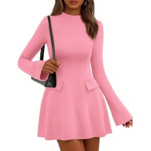imagePRETTYGARDEN Womens Elegant Holiday Short Dress 2026 Fall Bell Long Sleeve Mock Neck Work Business Casual Party Mini DressPink