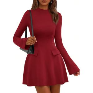 imagePRETTYGARDEN Womens Elegant Holiday Short Dress 2026 Fall Bell Long Sleeve Mock Neck Work Business Casual Party Mini DressRed