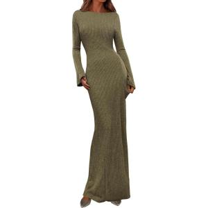 imagePRETTYGARDEN Womens Fall Fashion 2026 Long Sleeve Maxi Dress Ribbed Knit Boat Neck Bodycon Casual Dresses Going Out OutfitsArmy Green