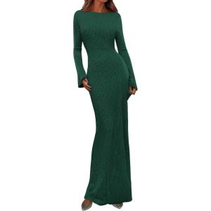 imagePRETTYGARDEN Womens Fall Fashion 2026 Long Sleeve Maxi Dress Ribbed Knit Boat Neck Bodycon Casual Dresses Going Out OutfitsDark Green