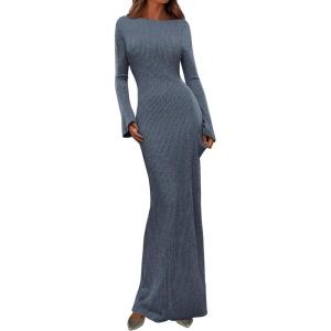 imagePRETTYGARDEN Womens Fall Fashion 2026 Long Sleeve Maxi Dress Ribbed Knit Boat Neck Bodycon Casual Dresses Going Out OutfitsDusty Blue