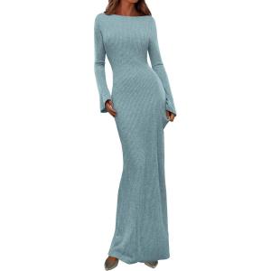 imagePRETTYGARDEN Womens Fall Fashion 2026 Long Sleeve Maxi Dress Ribbed Knit Boat Neck Bodycon Casual Dresses Going Out OutfitsLight Blue