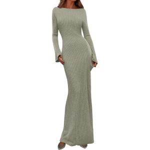 imagePRETTYGARDEN Womens Fall Fashion 2026 Long Sleeve Maxi Dress Ribbed Knit Boat Neck Bodycon Casual Dresses Going Out OutfitsLight Green
