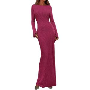 imagePRETTYGARDEN Womens Fall Fashion 2026 Long Sleeve Maxi Dress Ribbed Knit Boat Neck Bodycon Casual Dresses Going Out OutfitsRose Red