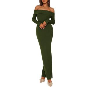 imagePRETTYGARDEN Womens Fall Sweater Dress 2026 Long Sleeve Off Shoulder Slit Maxi Bodycon Cocktail Party Dresses Spring FashionArmy Green