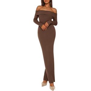 imagePRETTYGARDEN Womens Fall Sweater Dress 2026 Long Sleeve Off Shoulder Slit Maxi Bodycon Cocktail Party Dresses Spring FashionDark Brown