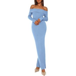 imagePRETTYGARDEN Womens Fall Sweater Dress 2026 Long Sleeve Off Shoulder Slit Maxi Bodycon Cocktail Party Dresses Spring FashionLight Blue
