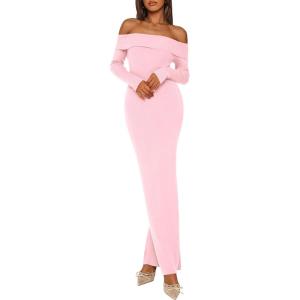 imagePRETTYGARDEN Womens Fall Sweater Dress 2026 Long Sleeve Off Shoulder Slit Maxi Bodycon Cocktail Party Dresses Spring FashionLight Pink