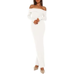 imagePRETTYGARDEN Womens Fall Sweater Dress 2026 Long Sleeve Off Shoulder Slit Maxi Bodycon Cocktail Party Dresses Spring FashionWhite