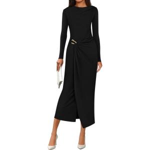 imagePRETTYGARDEN Womens Fall Wedding Guest Cocktail Midi Dresses Elegant Long Sleeve Bodycon Ruched Dress 2026 Fashion ClothingBlack
