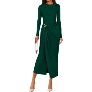 imagePRETTYGARDEN Womens Fall Wedding Guest Cocktail Midi Dresses Elegant Long Sleeve Bodycon Ruched Dress 2026 Fashion ClothingDark Green