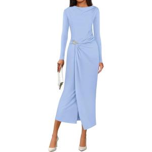 imagePRETTYGARDEN Womens Fall Wedding Guest Cocktail Midi Dresses Elegant Long Sleeve Bodycon Ruched Dress 2026 Fashion ClothingLight Blue