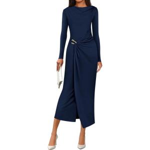 imagePRETTYGARDEN Womens Fall Wedding Guest Cocktail Midi Dresses Elegant Long Sleeve Bodycon Ruched Dress 2026 Fashion ClothingNavy Blue