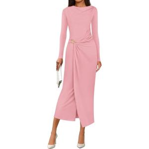 imagePRETTYGARDEN Womens Fall Wedding Guest Cocktail Midi Dresses Elegant Long Sleeve Bodycon Ruched Dress 2026 Fashion ClothingPink