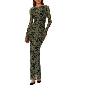 imagePRETTYGARDEN Womens Floral Bodycon Maxi Dress 2026 Spring Elegant Mesh Long Sleeve Formal Wedding Guest Cocktail DressesArmy Green