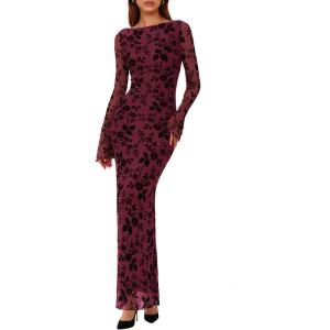 imagePRETTYGARDEN Womens Floral Bodycon Maxi Dress 2026 Spring Elegant Mesh Long Sleeve Formal Wedding Guest Cocktail DressesBurgundy