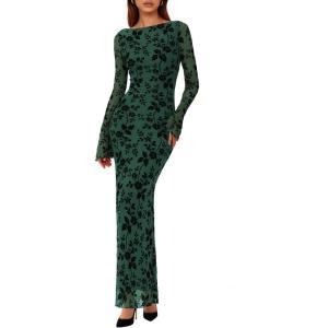 imagePRETTYGARDEN Womens Floral Bodycon Maxi Dress 2026 Spring Elegant Mesh Long Sleeve Formal Wedding Guest Cocktail DressesDark Green