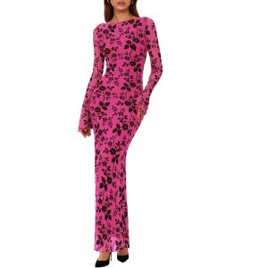 imagePRETTYGARDEN Womens Floral Bodycon Maxi Dress 2026 Spring Elegant Mesh Long Sleeve Formal Wedding Guest Cocktail DressesHot Pink