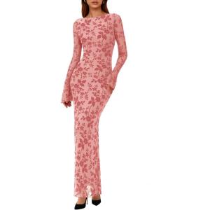imagePRETTYGARDEN Womens Floral Bodycon Maxi Dress 2026 Spring Elegant Mesh Long Sleeve Formal Wedding Guest Cocktail DressesPink