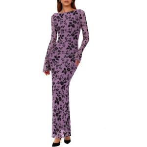 imagePRETTYGARDEN Womens Floral Bodycon Maxi Dress 2026 Spring Elegant Mesh Long Sleeve Formal Wedding Guest Cocktail DressesPurple