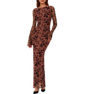 imagePRETTYGARDEN Womens Floral Bodycon Maxi Dress 2026 Spring Elegant Mesh Long Sleeve Formal Wedding Guest Cocktail DressesRust