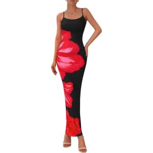 imagePRETTYGARDEN Womens Floral Maxi Dress Summer 2026 Sexy Spaghetti Strap Slip Bodycon Mesh Beach Vacation DressesBlack Pink Flower