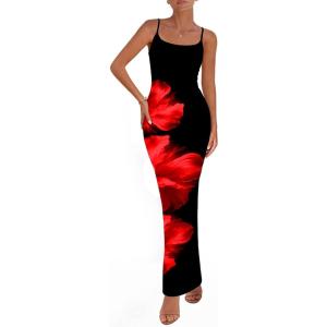 imagePRETTYGARDEN Womens Floral Maxi Dress Summer 2026 Sexy Spaghetti Strap Slip Bodycon Mesh Beach Vacation DressesFloral Black Red