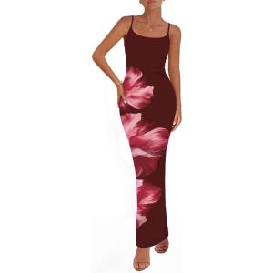 imagePRETTYGARDEN Womens Floral Maxi Dress Summer 2026 Sexy Spaghetti Strap Slip Bodycon Mesh Beach Vacation DressesFloral Wine Red