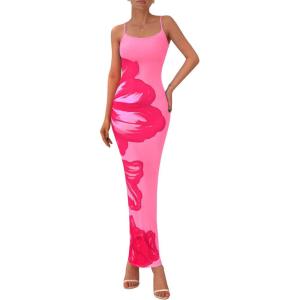 imagePRETTYGARDEN Womens Floral Maxi Dress Summer 2026 Sexy Spaghetti Strap Slip Bodycon Mesh Beach Vacation DressesPink Floral
