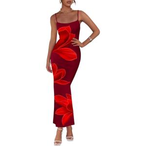 imagePRETTYGARDEN Womens Floral Maxi Dress Summer 2026 Sexy Spaghetti Strap Slip Bodycon Mesh Beach Vacation DressesWine Red