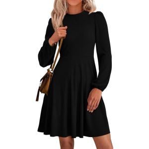 imagePRETTYGARDEN Womens Long Sleeve Mini Dress 2026 Fall Trendy Crewneck Ribbed Knit Soft A Line Flowy Summer Formal DressesBlack