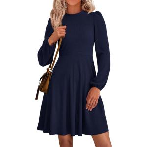 imagePRETTYGARDEN Womens Long Sleeve Mini Dress 2026 Fall Trendy Crewneck Ribbed Knit Soft A Line Flowy Summer Formal DressesNavy Blue