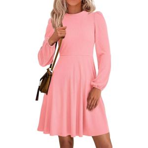 imagePRETTYGARDEN Womens Long Sleeve Mini Dress 2026 Fall Trendy Crewneck Ribbed Knit Soft A Line Flowy Summer Formal DressesPink