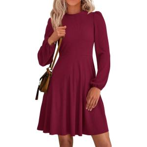 imagePRETTYGARDEN Womens Long Sleeve Mini Dress 2026 Fall Trendy Crewneck Ribbed Knit Soft A Line Flowy Summer Formal DressesWine Red