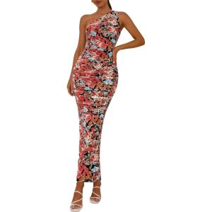 imagePRETTYGARDEN Womens One Shoulder Bodycon Dresses Summer 2026 Ruched Floral Beach Cocktail Wedding Guest DressBlack Flower