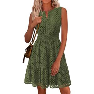 imagePRETTYGARDEN Womens Summer Dresses 2026 Sleeveless V Neck Eyelet Hollow Out Swing A Line Beach Vacation Sun DressArmy Green