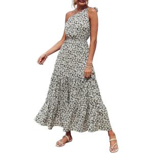 imagePRETTYGARDEN Womens Summer Floral One Shoulder Maxi Dress Knot Ruffle Boho Beach Vacation Wedding Guest Long Sun DressesBlack White