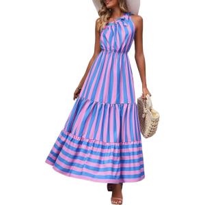 imagePRETTYGARDEN Womens Summer Floral One Shoulder Maxi Dress Knot Ruffle Boho Beach Vacation Wedding Guest Long Sun DressesBlue Pink Stripe