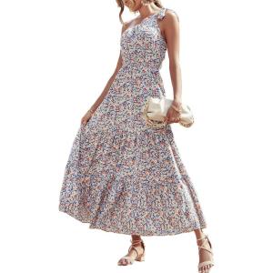 imagePRETTYGARDEN Womens Summer Floral One Shoulder Maxi Dress Knot Ruffle Boho Beach Vacation Wedding Guest Long Sun DressesBlue White