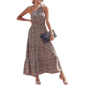 imagePRETTYGARDEN Womens Summer Floral One Shoulder Maxi Dress Knot Ruffle Boho Beach Vacation Wedding Guest Long Sun DressesCoffee Pink