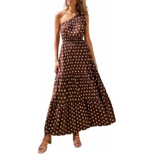 imagePRETTYGARDEN Womens Summer Floral One Shoulder Maxi Dress Knot Ruffle Boho Beach Vacation Wedding Guest Long Sun DressesDot Coffee White
