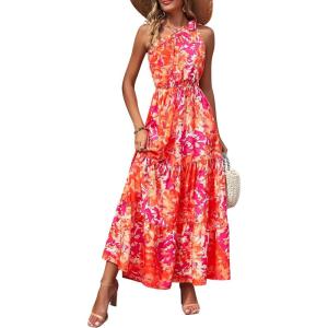 imagePRETTYGARDEN Womens Summer Floral One Shoulder Maxi Dress Knot Ruffle Boho Beach Vacation Wedding Guest Long Sun DressesOrange Rose Red Big Floral