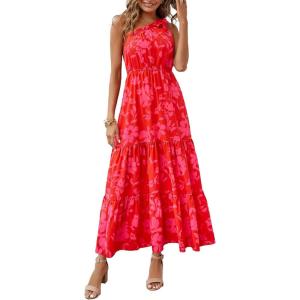imagePRETTYGARDEN Womens Summer Floral One Shoulder Maxi Dress Knot Ruffle Boho Beach Vacation Wedding Guest Long Sun DressesRed Floral
