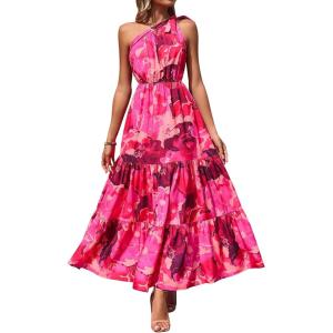 imagePRETTYGARDEN Womens Summer Floral One Shoulder Maxi Dress Knot Ruffle Boho Beach Vacation Wedding Guest Long Sun DressesRose Red Big Floral