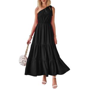 imagePRETTYGARDEN Womens Summer Floral One Shoulder Maxi Dress Knot Ruffle Boho Beach Vacation Wedding Guest Long Sun DressesSolid Black