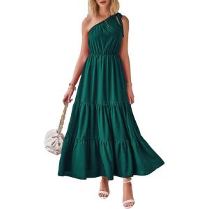 imagePRETTYGARDEN Womens Summer Floral One Shoulder Maxi Dress Knot Ruffle Boho Beach Vacation Wedding Guest Long Sun DressesSolid Dark Green