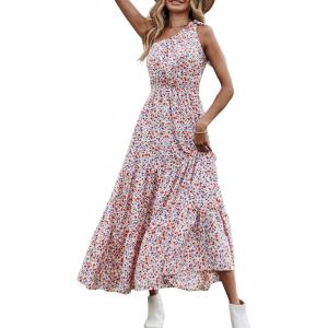 imagePRETTYGARDEN Womens Summer Floral One Shoulder Maxi Dress Knot Ruffle Boho Beach Vacation Wedding Guest Long Sun DressesWhite Red